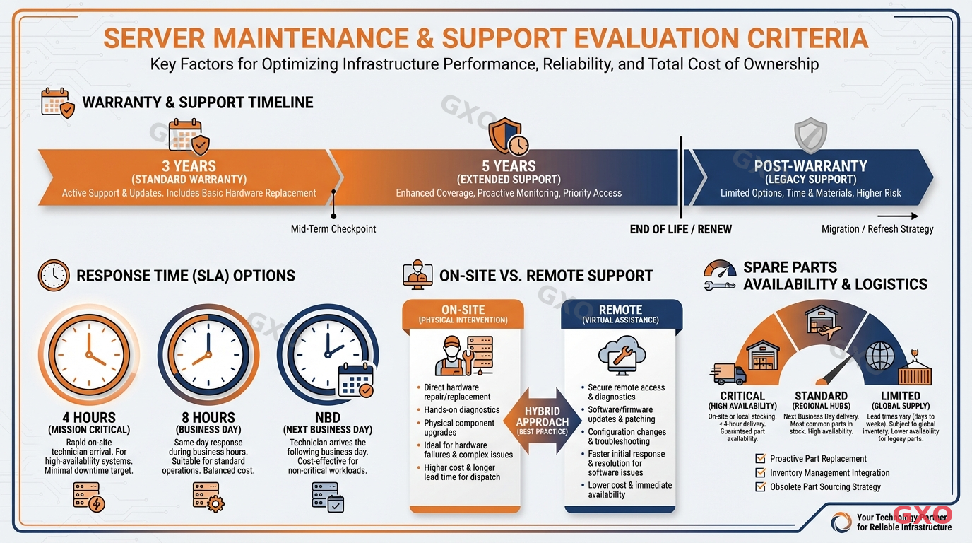 保守・サポート体制の確認項目 Professional infographic showing server maintenance and support evaluation criteria. Timeline bar showing warranty period (3-5 years), response time clock icons (4h/8h/NBD), on-site vs remote support comparison, and spare parts availability indicator. Warm orange and navy blue color scheme, clean corporate infographic layout with clear sections and labels.