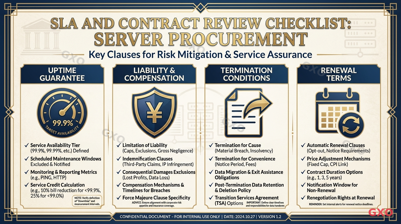 契約書とSLAのチェックポイント Professional infographic showing SLA and contract review checklist for server procurement. Four key sections with icons: uptime guarantee (99.9% gauge), liability and compensation (shield with yen symbol), termination conditions (document with exit arrow), and renewal terms (calendar with refresh icon). Corporate legal document styling with navy and gold accents.