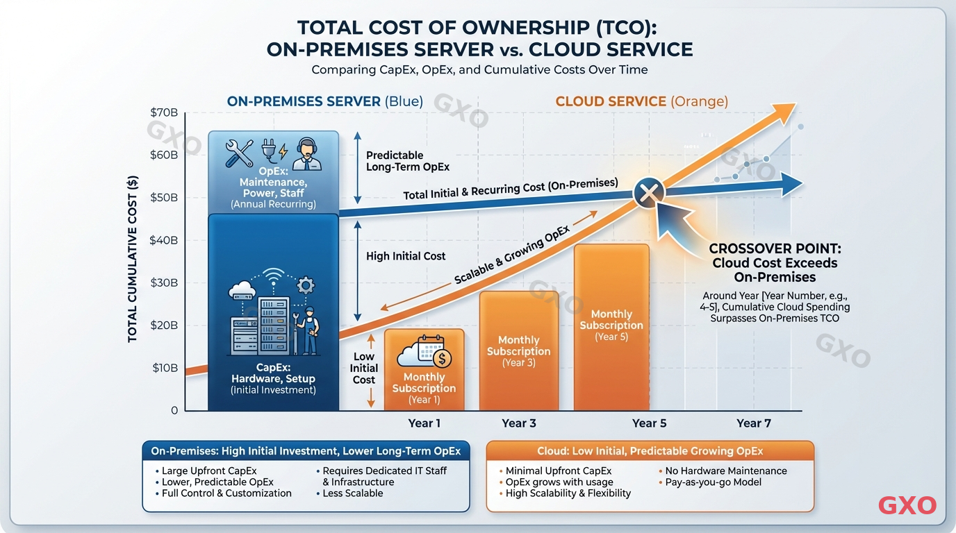 オンプレミスとクラウドの費用比較 Professional infographic comparing on-premises server and cloud service total cost of ownership. Two parallel columns: left shows on-premises with CapEx bar (hardware, setup) and OpEx bar (maintenance, power, staff), right shows cloud with monthly subscription bars growing over time. Crossover point highlighted where cloud cumulative cost exceeds on-premises. Clean business chart style with blue (on-premises) and orange (cloud) color coding.