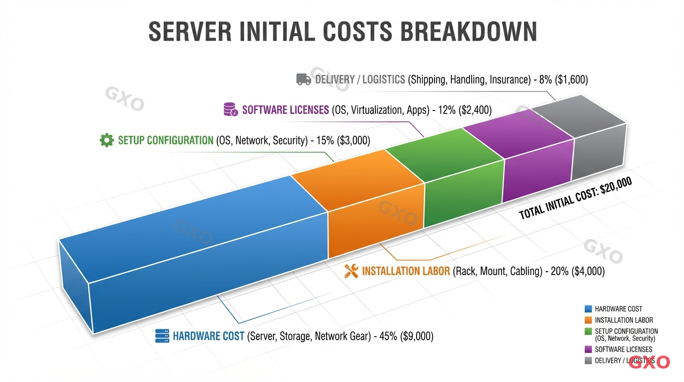 初期費用の内訳と確認ポイント Professional infographic breaking down server initial costs into components. Stacked bar chart showing: hardware cost (largest, blue), installation labor (orange), setup configuration (green), software licenses (purple), and delivery/logistics (gray). Each segment labeled with description. Clean white background with corporate chart styling, suitable for business presentation.
