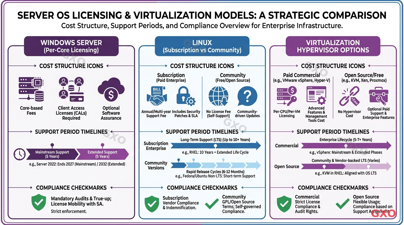 OSとライセンス条件の比較 Professional infographic comparing server OS licensing models. Three columns showing: Windows Server (per-core licensing), Linux (subscription vs community), and virtualization hypervisor options. Each with cost structure icons, support period timelines, and compliance checkmarks. Clean corporate design with purple and blue color accents, white background.