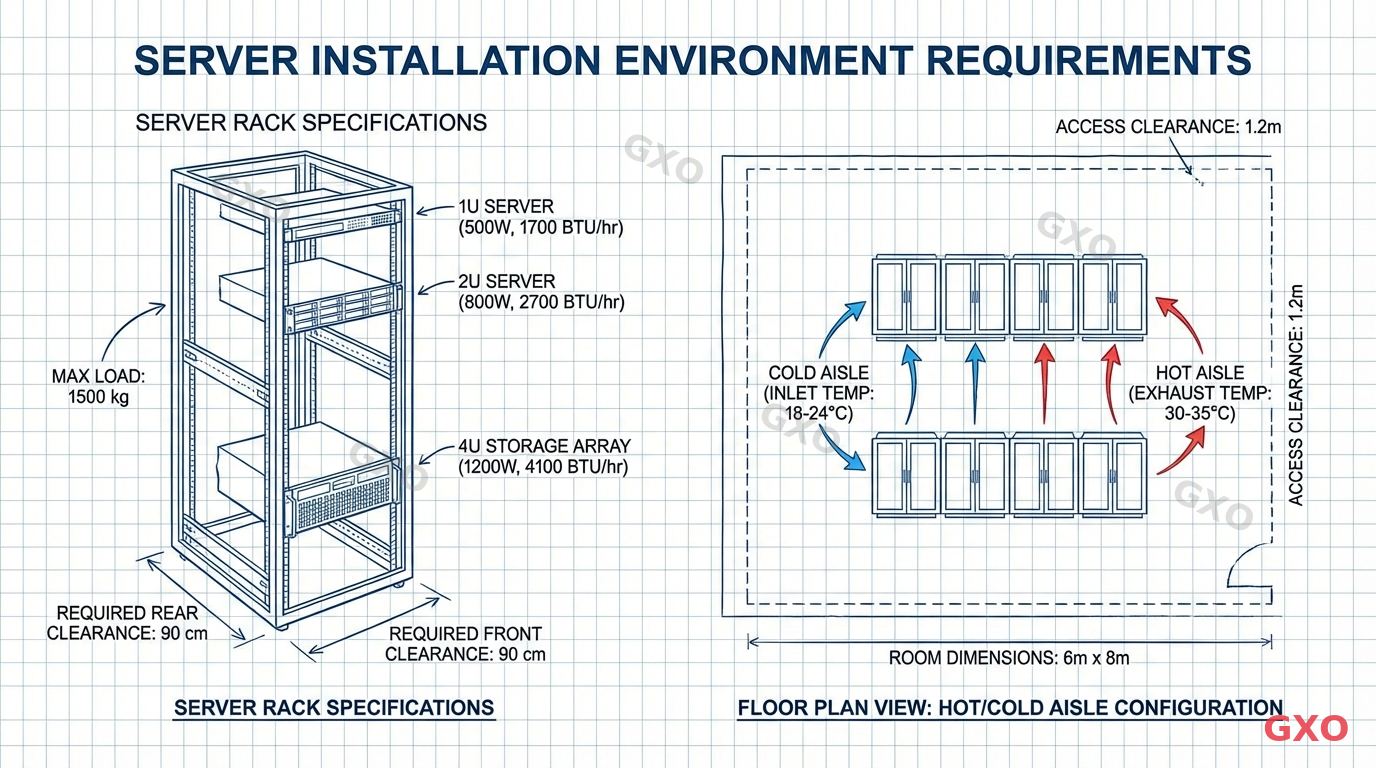 設置環境・電力・スペース要件 Technical diagram showing server installation environment requirements. Labeled illustration of a server rack showing: rack unit size (1U/2U), power consumption (watts), heat dissipation (BTU), weight capacity, and required clearance space. Floor plan view showing airflow direction (hot aisle/cold aisle). Clean engineering blueprint style with measurements and labels.