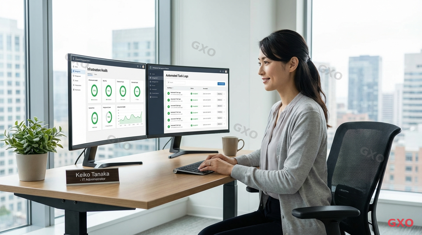 Photo-realistic image of a Japanese IT administrator (female, early 30s, wearing business casual) sitting at a modern standing desk with dual monitors showing a clean unified management dashboard. One screen shows infrastructure health metrics all green, the other shows automated task completion logs. The office is bright with natural light, organized and calm atmosphere. Highlighting the simplicity of single-pane management compared to juggling multiple vendor consoles.