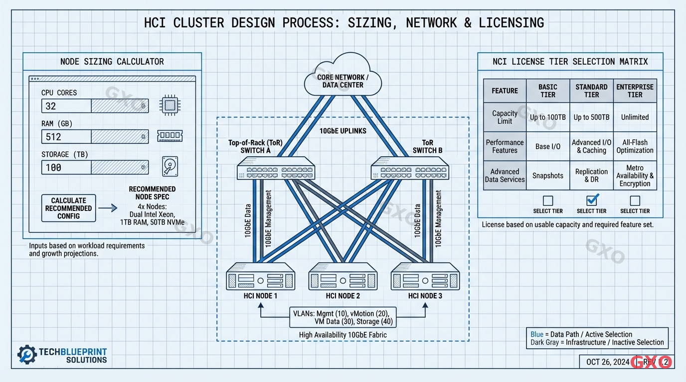Technical diagram showing HCI cluster design process: node sizing calculator with CPU/RAM/storage inputs on the left, network topology diagram in the center showing 10GbE connections between nodes and uplinks, and NCI license tier selection matrix on the right. Professional blueprint style with grid background, blue and dark gray colors, engineering documentation aesthetic.