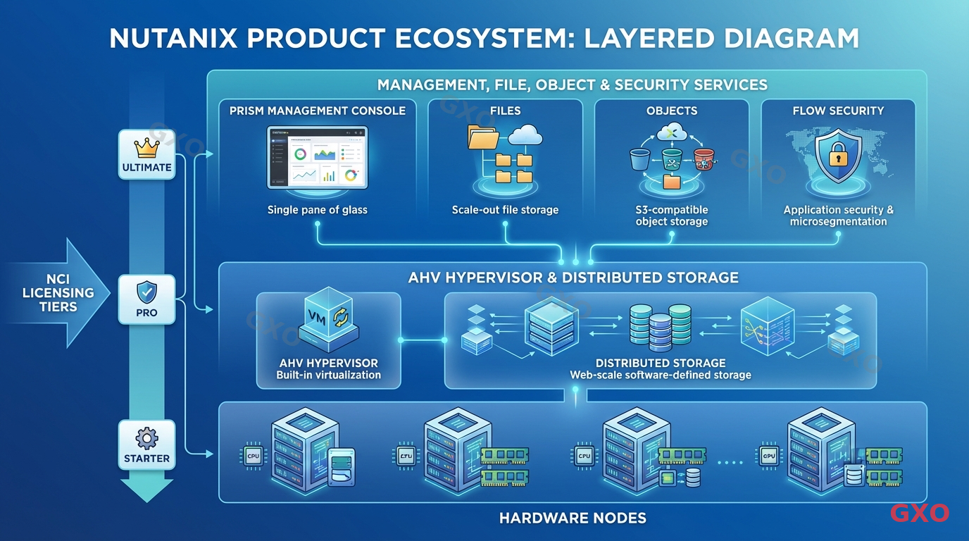 Clean modern illustration showing Nutanix product ecosystem as a layered diagram. Bottom layer: hardware nodes, middle layer: AHV hypervisor and distributed storage, top layer: Prism management console, Files, Objects, and Flow security. Side labels show NCI licensing tiers (Starter, Pro, Ultimate). Blue gradient background, enterprise software product map style with icons for each component.