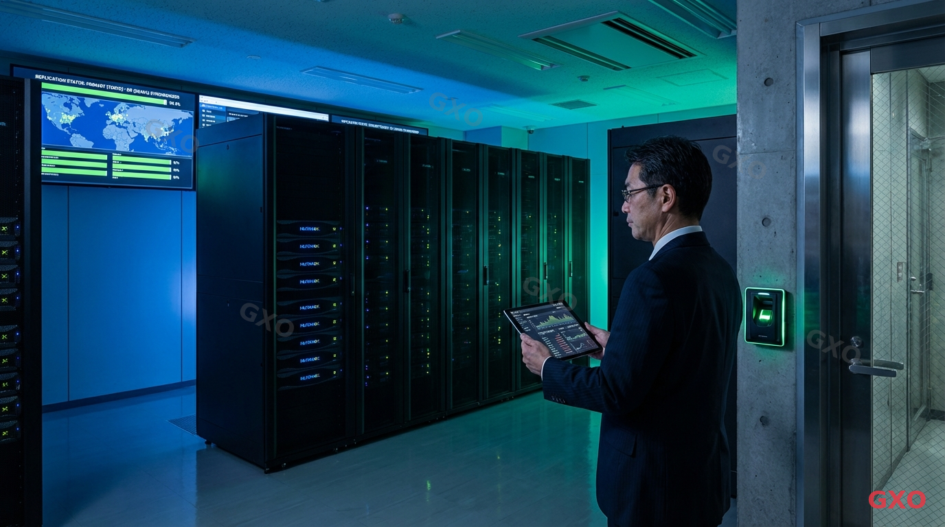 Photo-realistic image of a high-security financial institution data center in Japan. Dual server racks with Nutanix nodes visible, biometric access panel on the wall, a Japanese IT security manager (male, 50s, dark suit) reviewing disaster recovery documentation on a tablet. Background monitors showing replication status between primary and DR sites. Secure, controlled environment with subtle green and blue lighting, emphasizing reliability and business continuity.