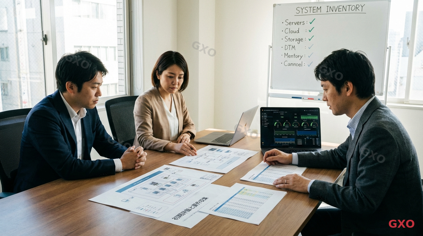 Photo-realistic image of a Japanese IT team (2 men, 1 woman, ages 35-45, business casual) gathered around a conference table reviewing printed infrastructure diagrams and spreadsheets. A whiteboard behind them shows a system inventory list with checkmarks. Laptops open showing monitoring dashboards. Natural office lighting, focused and collaborative atmosphere. Highlighting the initial assessment and requirements gathering phase.