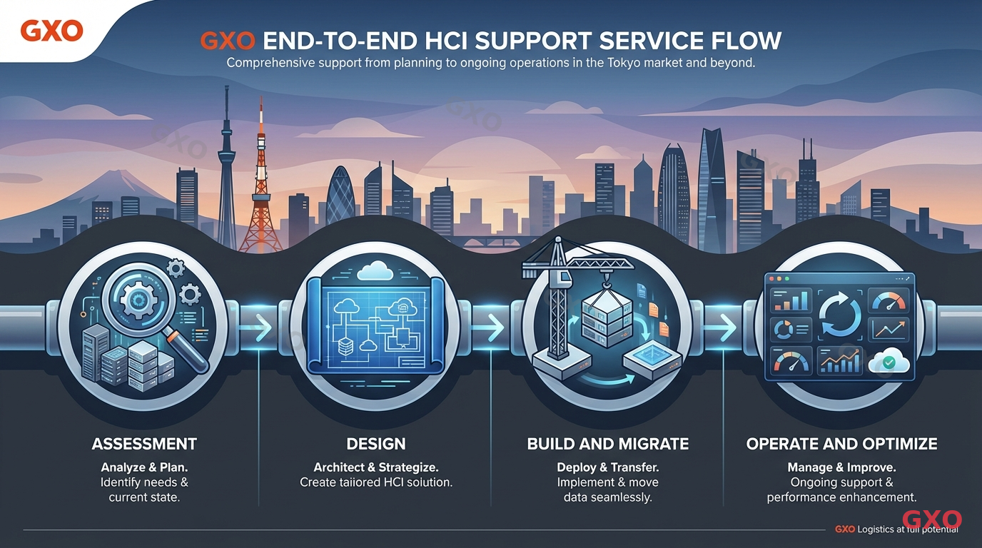 Clean modern illustration showing GXO's end-to-end HCI support service flow: four connected phases shown as a horizontal pipeline - Assessment (magnifying glass icon), Design (blueprint icon), Build and Migrate (construction crane icon), and Operate and Optimize (dashboard icon). GXO brand color scheme with professional corporate feel, Tokyo skyline silhouette in background, emphasizing comprehensive support from planning to ongoing operations.
