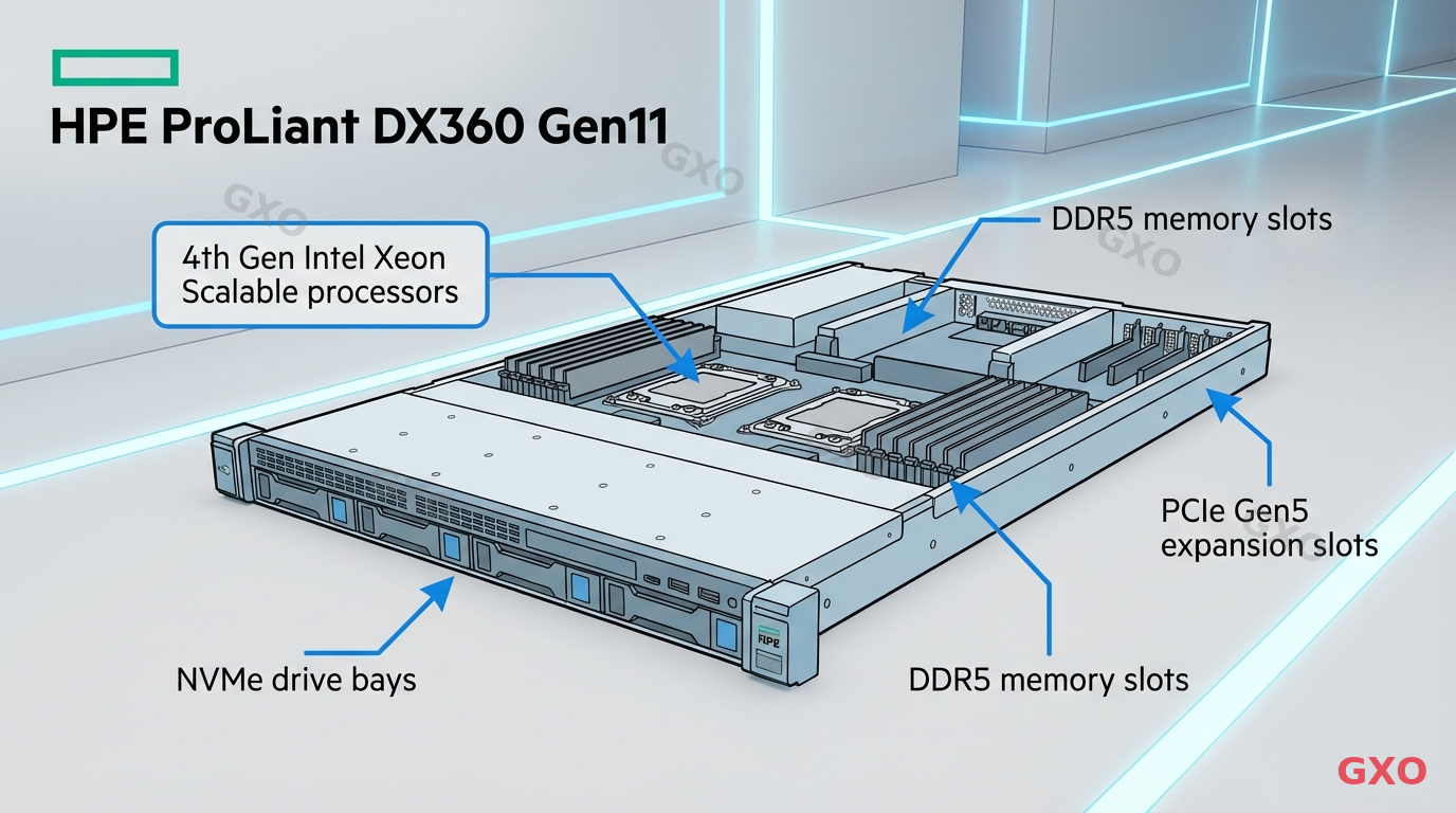 HPE ProLiant DX360 Gen11 製品概要 Clean modern illustration showing the HPE ProLiant DX360 Gen11 server in a 1U rack-mount form factor, with labeled callouts pointing to key components: 4th Gen Intel Xeon Scalable processors, DDR5 memory slots, NVMe drive bays, and PCIe Gen5 expansion slots. Light gray background with blue accent lines. Technical yet accessible visual style for IT decision makers.
