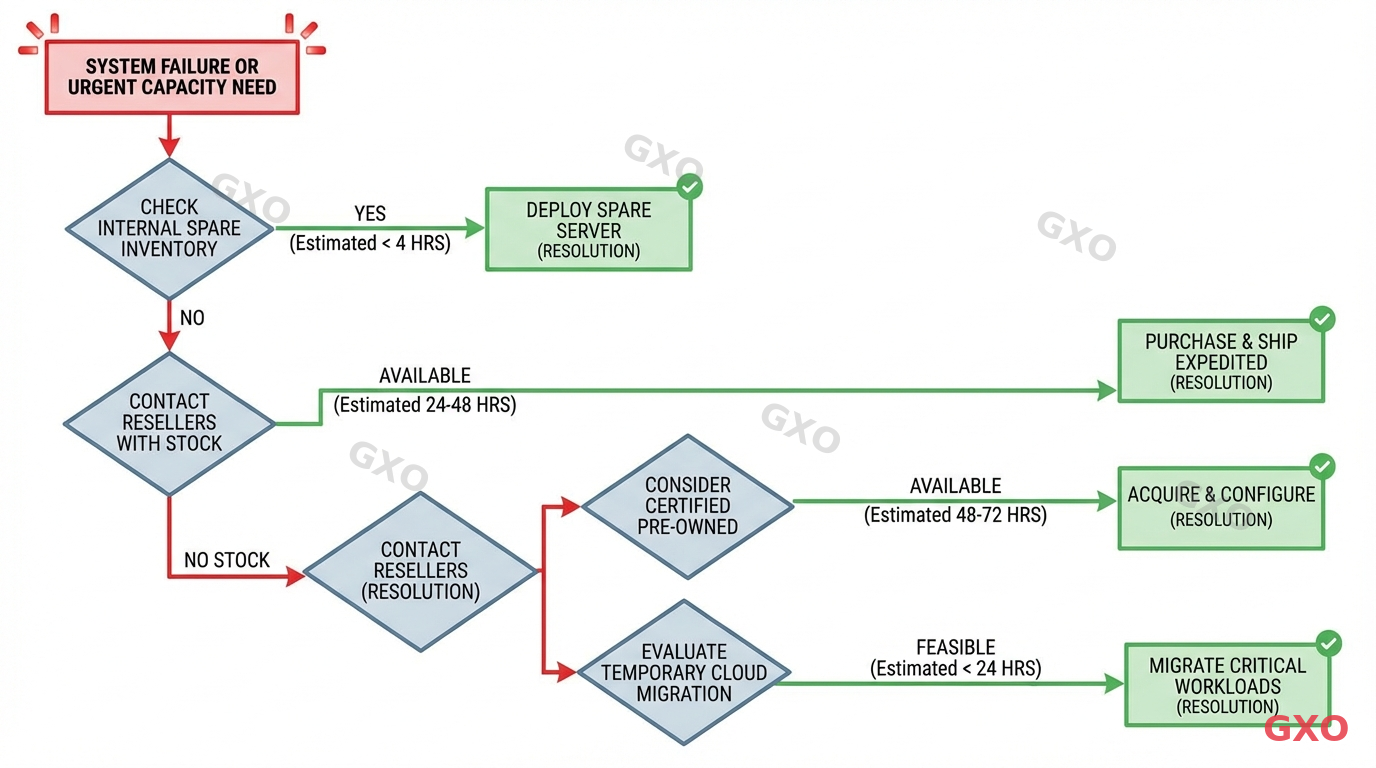 緊急調達時の対応フロー Technical diagram illustrating an emergency server procurement decision flowchart. Starting node: System Failure or Urgent Capacity Need. Decision branches: Check internal spare inventory, Contact resellers with stock, Consider certified pre-owned, Evaluate temporary cloud migration. Each branch shows estimated time to resolution. Red urgency indicators with green resolution paths. Clean flowchart design with directional arrows.