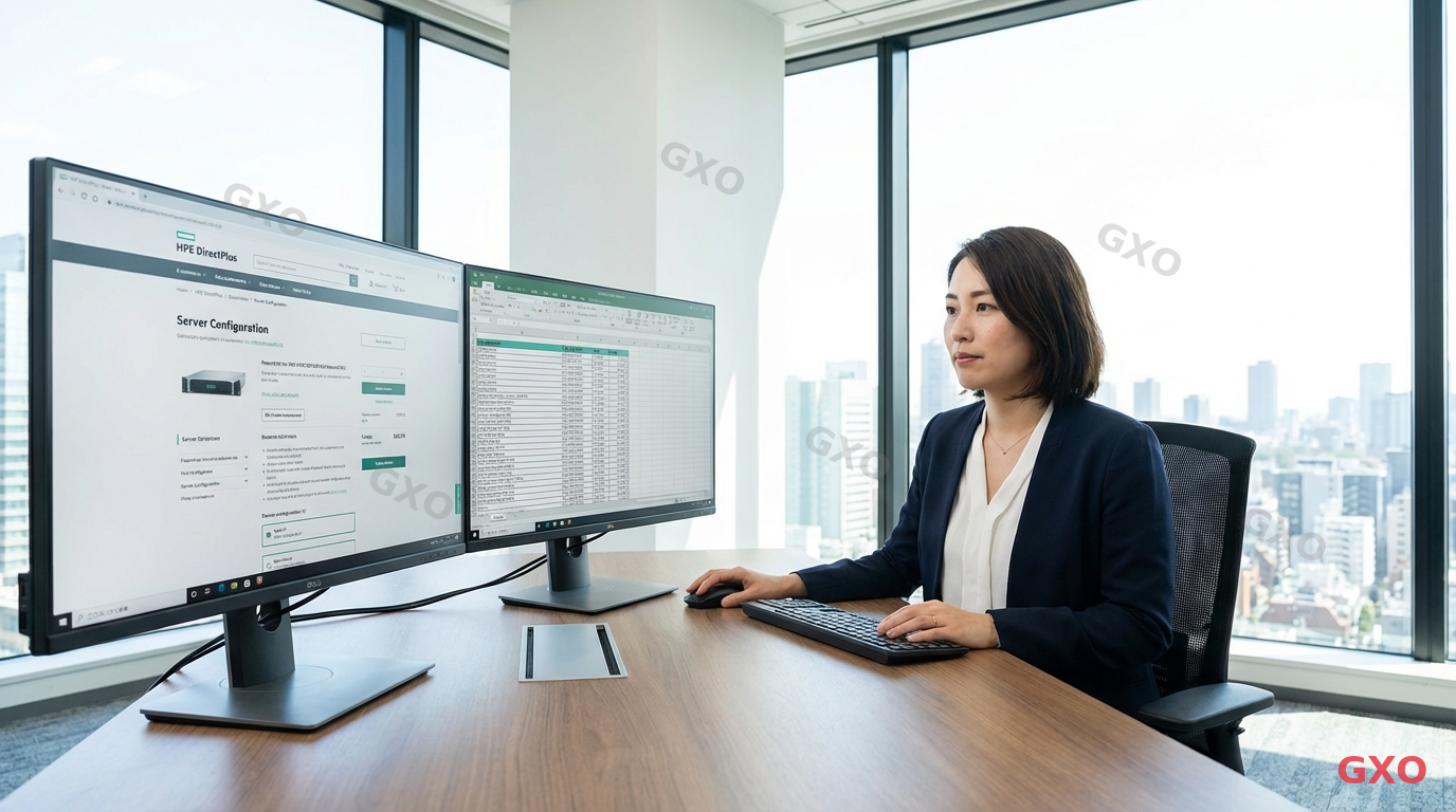 HPE DirectPlus(直販)での購入プロセス Photo-realistic image of a Japanese IT manager (female, late 30s, wearing a white blouse and navy blazer) working at a clean modern desk with dual monitors. One screen shows the HPE DirectPlus online store interface, the other displays a configuration spreadsheet. Bright office environment with natural light from large windows. Professional and focused atmosphere highlighting the direct purchasing process.