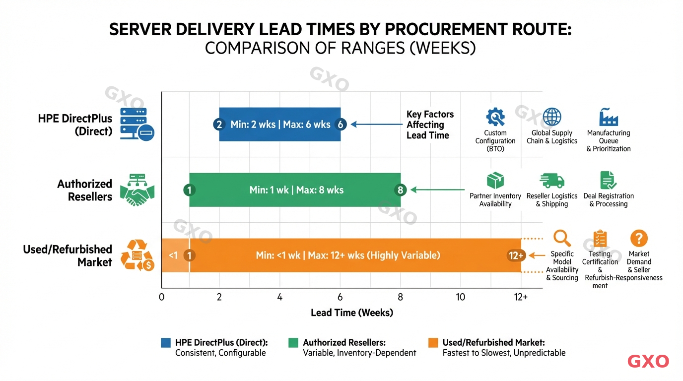 購入ルート別の納期比較表 Professional infographic displaying a horizontal bar chart comparing server delivery lead times across three procurement routes: HPE DirectPlus (direct), authorized resellers, and used/refurbished market. Each bar shows a range with minimum and maximum weeks. Color-coded: blue for direct, green for resellers, orange for used market. Additional icons showing key factors affecting each route. Clean white background with subtle grid lines.