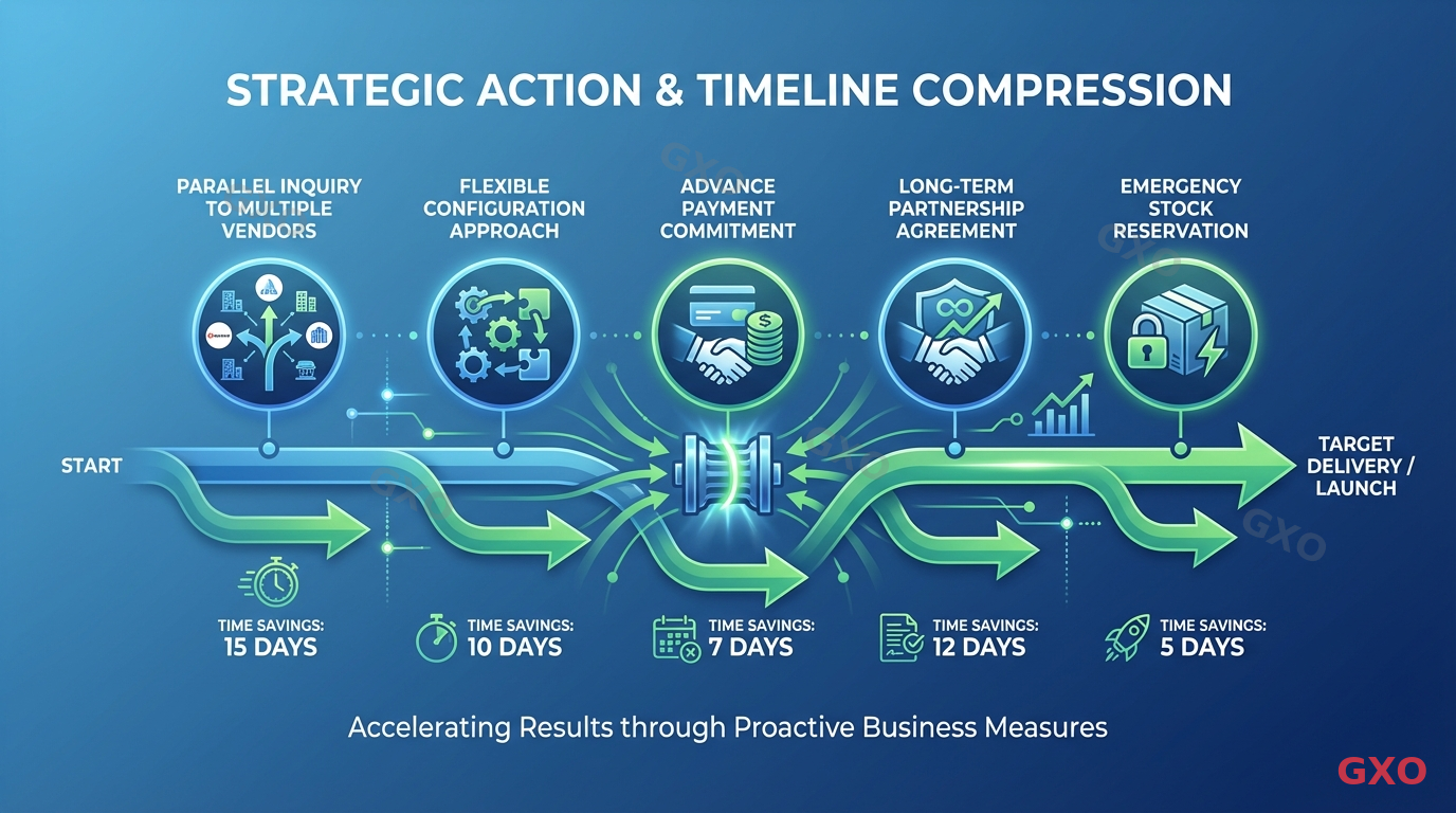 納期短縮のための交渉テクニック Clean modern illustration showing a timeline being compressed by strategic actions. Five action icons arranged along the timeline: parallel inquiry to multiple vendors, flexible configuration approach, advance payment commitment, long-term partnership agreement, and emergency stock reservation. Green arrows showing time savings at each step. Professional business illustration with blue gradient background.