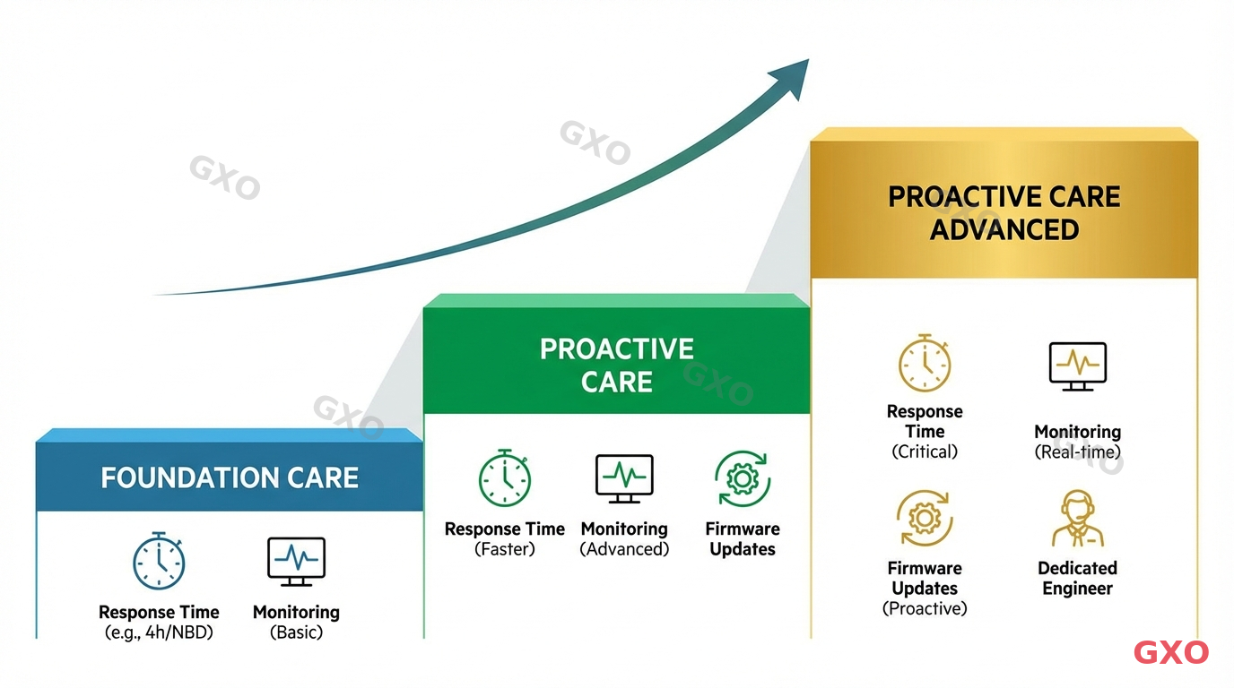 HPE保守契約の種類と比較 Clean modern illustration showing three tiers of HPE support contracts arranged as ascending steps: Foundation Care (basic, blue), Proactive Care (mid-tier, green), and Proactive Care Advanced (premium, gold). Each tier shows included services as icons: response time, monitoring, firmware updates, dedicated engineer. Simple corporate illustration style with clear visual hierarchy.