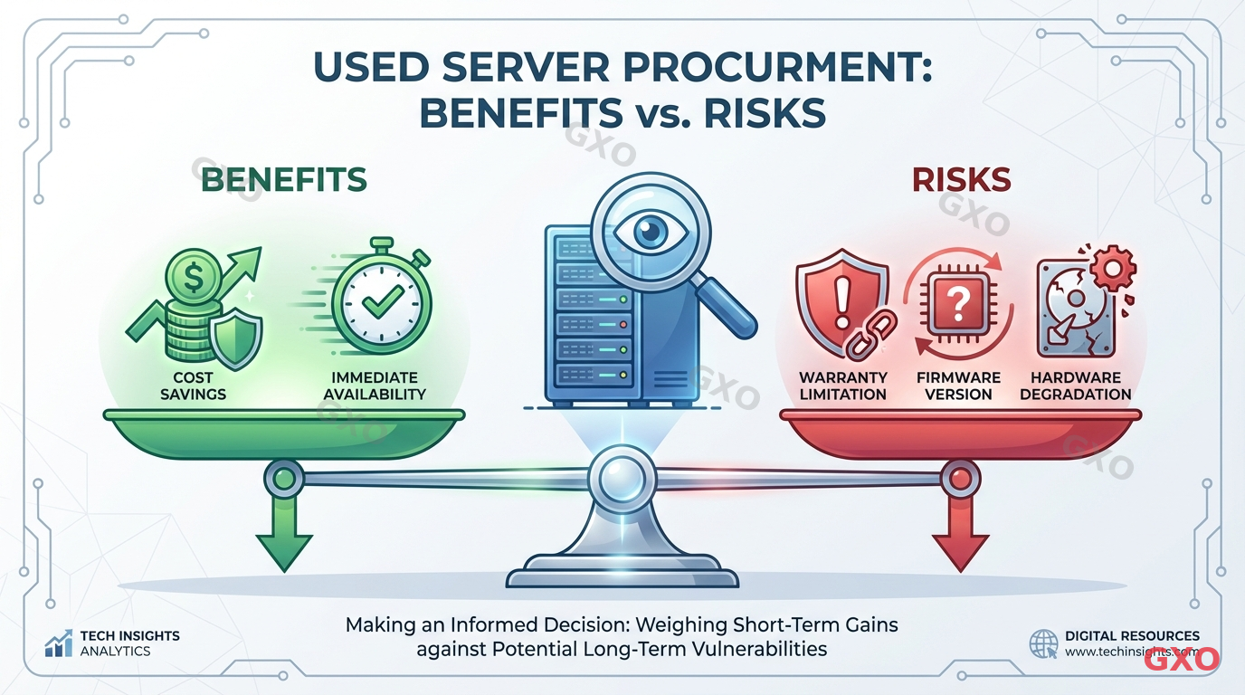 中古サーバー市場の活用と注意点 Clean modern illustration showing a balance scale comparing benefits and risks of used server procurement. Left side (green): cost savings icon, immediate availability clock icon. Right side (red): warranty limitation warning icon, firmware version question mark, hardware degradation icon. Central image of a server with inspection magnifying glass. Professional business illustration style with clear visual hierarchy.
