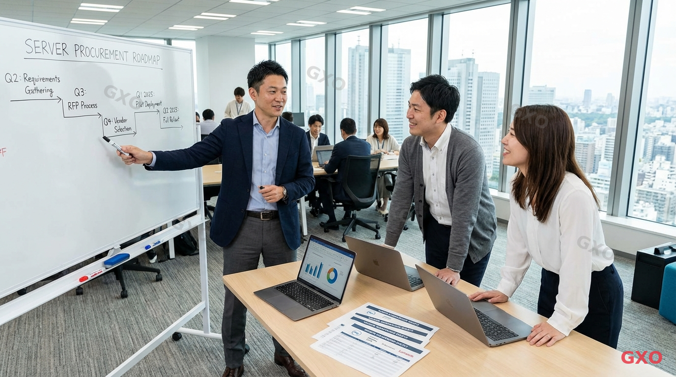 GXOの調達支援サービス Photo-realistic image of a professional Japanese consulting team (3 people: 2 males and 1 female, ages 30-45, wearing business casual attire) in a modern open-plan office in Shinjuku, Tokyo. Team lead pointing at a large whiteboard showing a server procurement roadmap with milestones. Laptops and printed vendor comparison sheets on the table. Natural light from large windows with Tokyo cityscape visible. Collaborative and solution-oriented atmosphere.