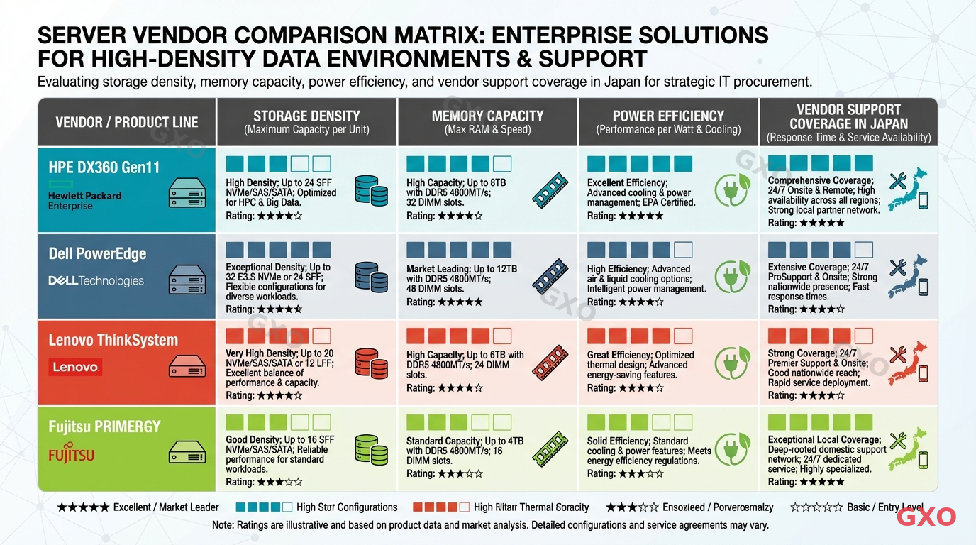 主要サーバーメーカーとの比較 Professional infographic displaying a comparison matrix of four server vendors: HPE DX360 Gen11, Dell PowerEdge, Lenovo ThinkSystem, and Fujitsu PRIMERGY. Comparison categories include: storage density, memory capacity, power efficiency, and vendor support coverage in Japan. Each vendor represented by a distinct color. Clean tabular layout with rating indicators. Business-oriented design for IT procurement decision makers.