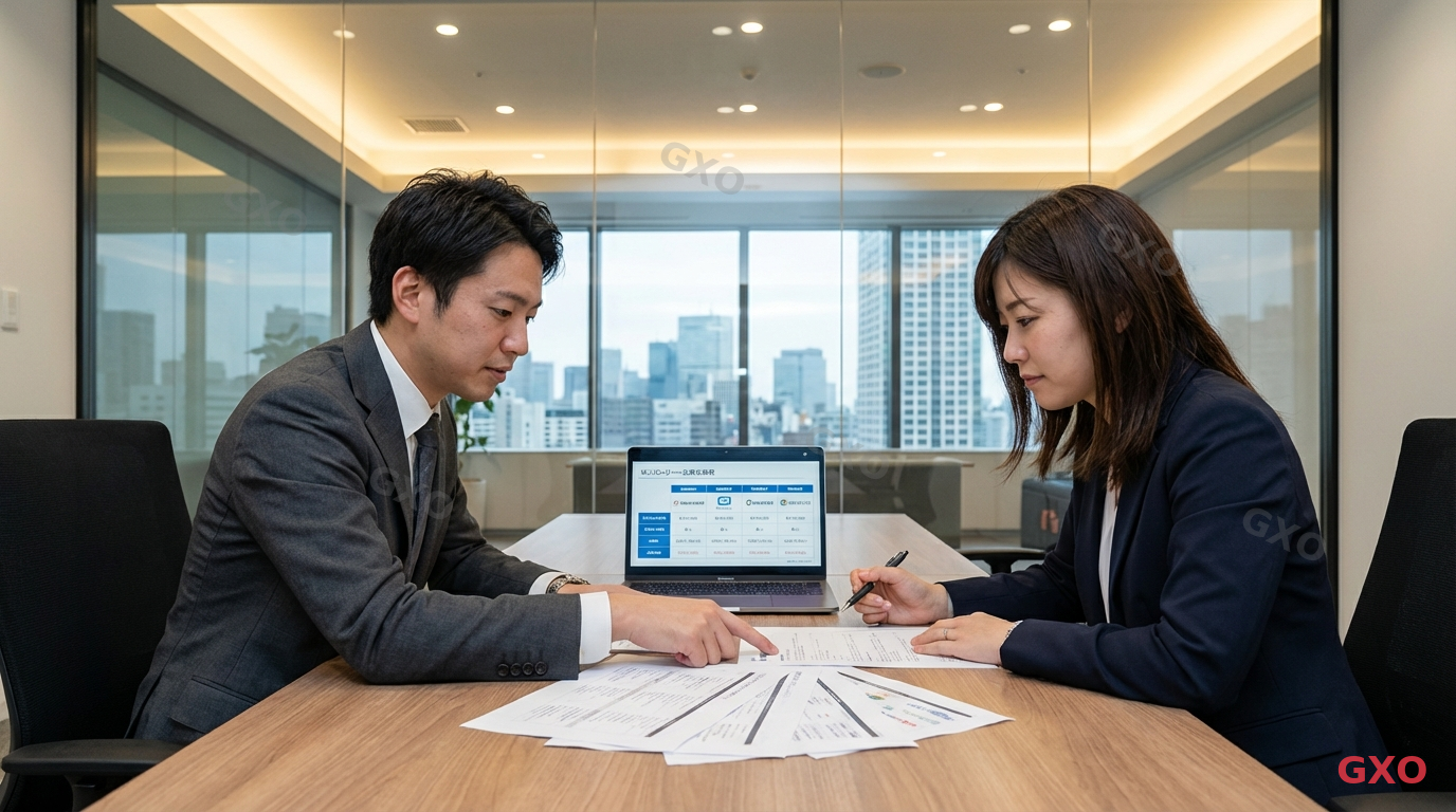 販売代理店の選定と交渉の様子 Photo-realistic image of a Japanese business meeting (2 people: male procurement manager in his 40s wearing gray suit, and female sales representative in her 30s wearing navy suit) in a glass-walled meeting room. They are reviewing printed proposals and server configuration documents spread on a conference table. Laptop showing comparison chart between resellers. Warm professional atmosphere with soft overhead lighting. Highlighting the reseller evaluation and negotiation process.