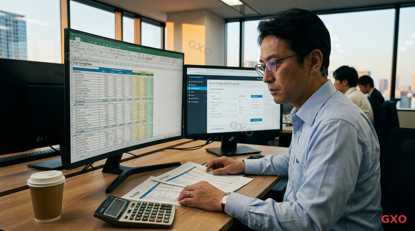 予算計画と価格交渉のポイント Photo-realistic image of a Japanese financial controller (male, late 40s, wearing glasses and a light blue dress shirt) reviewing a detailed cost comparison spreadsheet on a large monitor. Printed budget documents and calculator on the desk. Modern Japanese office with warm lighting. A second monitor showing server configuration pricing tool. Professional atmosphere conveying careful financial planning for IT procurement.