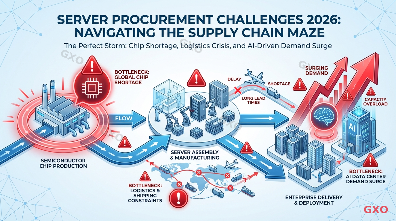 サーバー調達が難しくなっている背景 Clean modern illustration showing a supply chain diagram with three bottleneck points highlighted in red: semiconductor chip factory, logistics/shipping route, and AI data center demand surge. Arrows flowing from chip production to server assembly to enterprise delivery, with warning icons at each bottleneck. Blue and gray color scheme with red alert accents. Conveying the complexity of server procurement challenges in 2026.