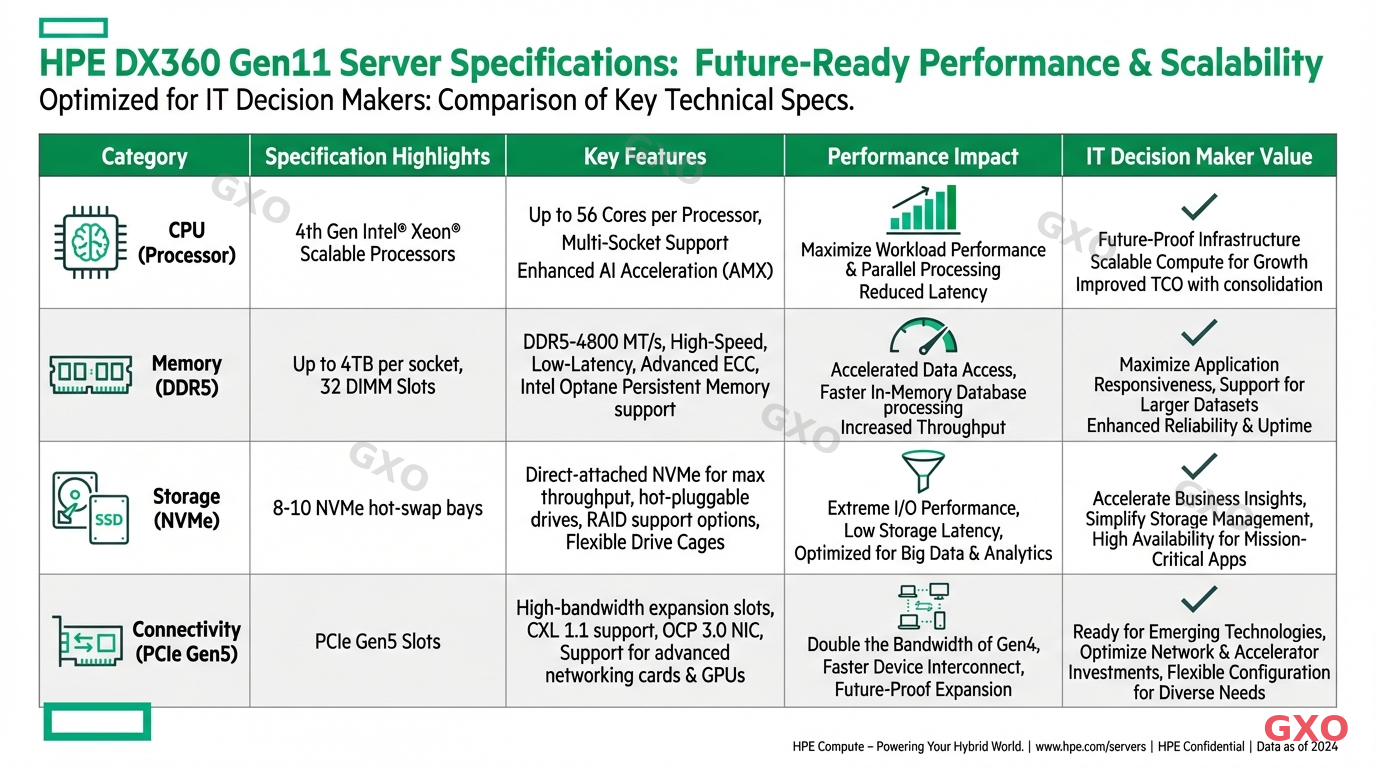 HPE DX360 Gen11 主要スペック一覧 Professional infographic displaying HPE DX360 Gen11 server specifications in a comparison table format. Categories include CPU (4th Gen Intel Xeon Scalable, up to 56 cores), Memory (DDR5 up to 4TB per socket, 32 DIMM slots), Storage (8-10 NVMe hot-swap bays), and Connectivity (PCIe Gen5). Clean white background with HPE green accent colors. Data-driven layout optimized for IT decision makers.