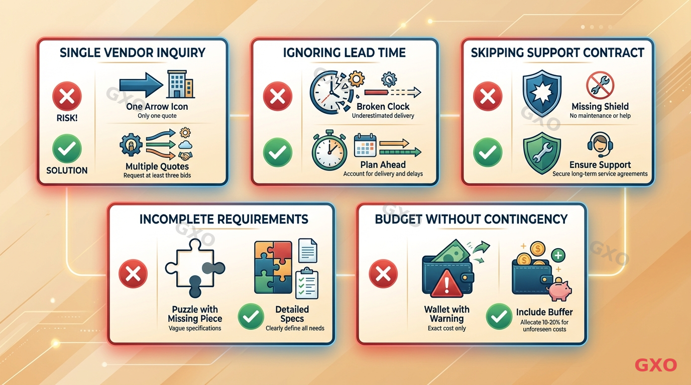 サーバー購入時のよくある失敗パターン Clean modern illustration showing five common procurement mistakes as warning cards arranged in a grid: 1) Single vendor inquiry (one arrow icon), 2) Ignoring lead time (broken clock), 3) Skipping support contract (missing shield), 4) Incomplete requirements (puzzle with missing piece), 5) Budget without contingency (wallet with warning). Each card has a red X and a green checkmark showing the correct approach. Warm background with professional corporate styling.