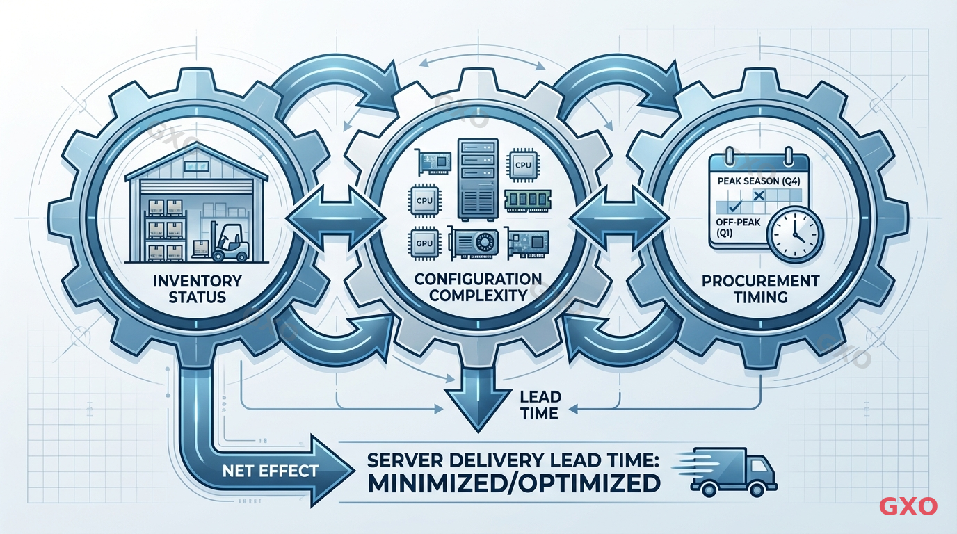 納期に影響する3大要因の関係図 Technical diagram illustrating three major factors affecting server delivery lead times, arranged as interconnected gears. First gear: Inventory Status (warehouse icon). Second gear: Configuration Complexity (server component icons). Third gear: Procurement Timing (calendar with peak/off-peak markers). Arrows showing how each factor influences the others. Cool blue and gray corporate color scheme with clean lines.