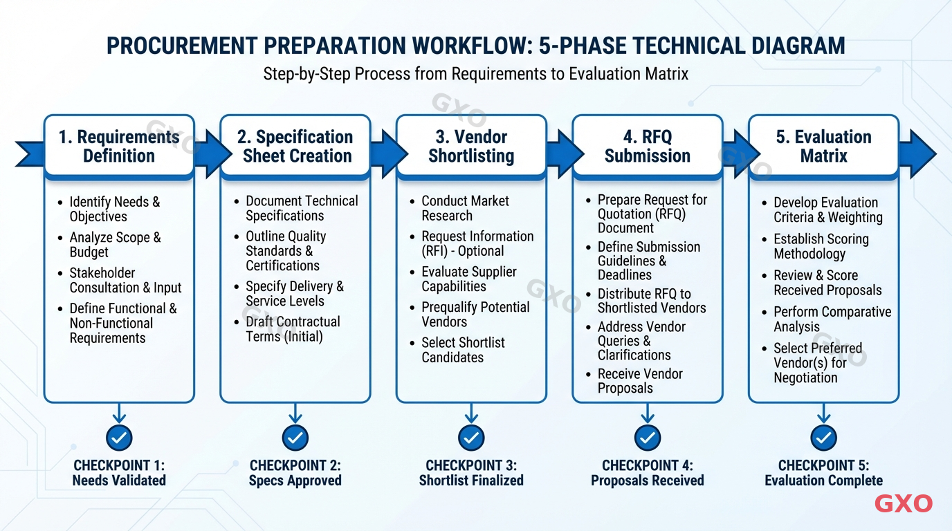 発注前の準備ワークフロー Technical diagram illustrating a step-by-step procurement preparation workflow with 5 phases: Requirements Definition, Specification Sheet Creation, Vendor Shortlisting, RFQ Submission, and Evaluation Matrix. Each phase shown as a connected box with key action items listed below. Clean flowchart style with directional arrows, numbered steps, and checkpoint markers. Professional blue and white corporate design.