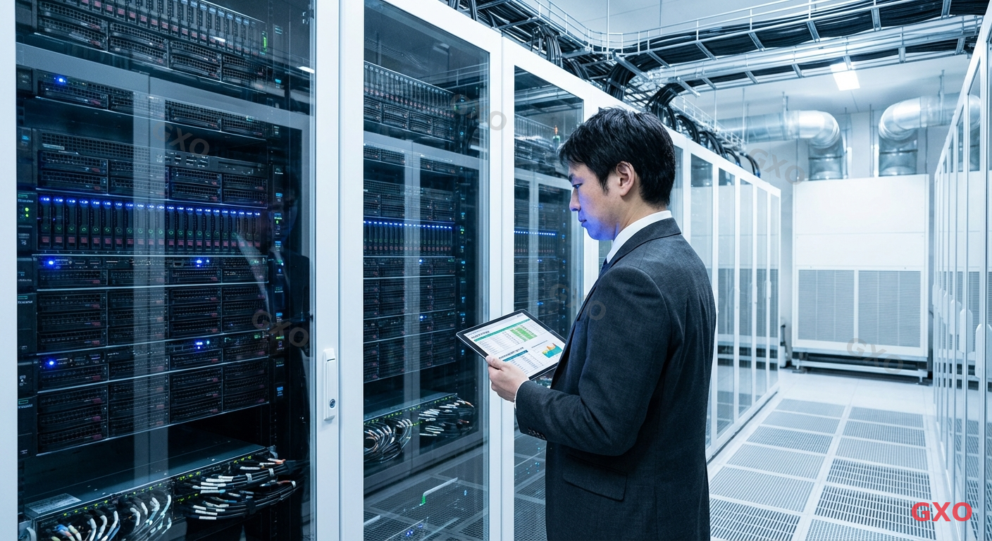 HPE DX360 Gen11 サーバー調達の実情 Photo-realistic image of a Japanese IT procurement manager (male, early 40s, wearing a dark gray suit) standing in a modern server room filled with HPE ProLiant rack servers. He is holding a tablet displaying delivery schedule data while examining server hardware. Cool blue LED lighting from server racks, clean cable management visible. Professional data center environment with raised floor and overhead cable trays. Highlighting the reality of enterprise server procurement and delivery challenges.