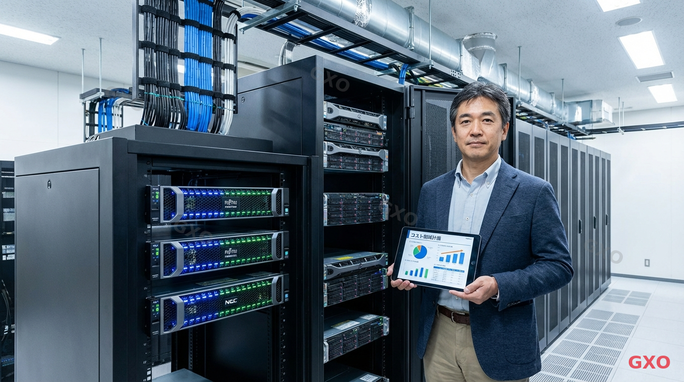 Photo-realistic image of a modern Japanese data center server room with three HCI nodes in a rack, LED indicators glowing blue and green. A Japanese IT manager (male, 40s, wearing business casual) reviewing cost documents on a tablet while standing next to the rack. Clean, bright environment with cable management and cooling infrastructure visible. Professional atmosphere emphasizing enterprise technology investment and cost planning.