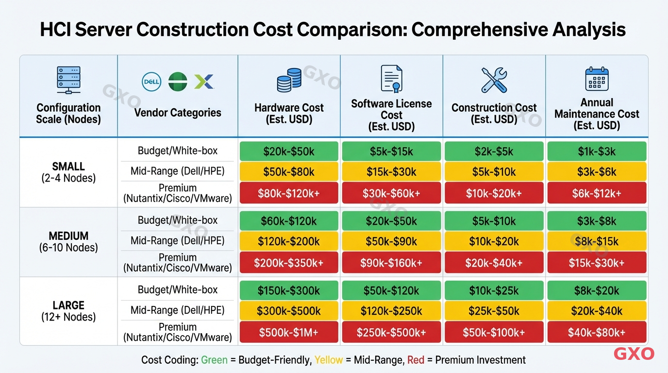Professional infographic showing a comprehensive cost comparison table for HCI server construction. Clean table layout with columns for configuration scale (small/medium/large), vendor categories, hardware cost, software license cost, construction cost, and annual maintenance cost. Color-coded cells (green for budget-friendly, yellow for mid-range, red for premium). Modern business document style with clear typography.