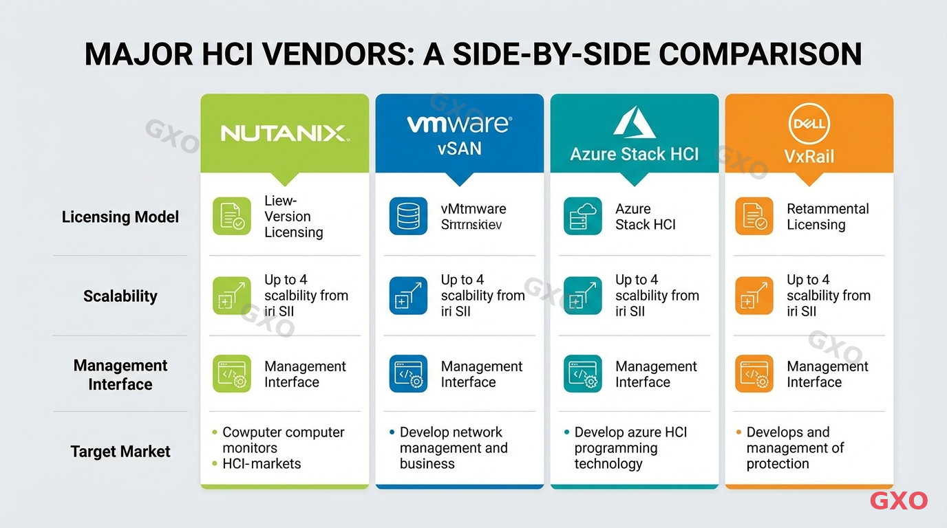 Professional infographic comparing four major HCI vendors side by side. Four columns for Nutanix, VMware vSAN, Azure Stack HCI, and Dell VxRail. Comparison criteria include licensing model, scalability, management interface, and target market. Modern flat design with each vendor represented by a distinct color. Clean comparison matrix layout.