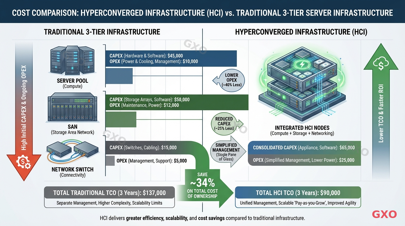 Professional infographic comparing HCI versus traditional 3-tier server infrastructure costs. Split layout with left side showing traditional architecture (server + SAN + network switch with separate cost bars) and right side showing HCI (integrated nodes with consolidated cost bar). Cost comparison arrows and percentage indicators. Clean business presentation style.