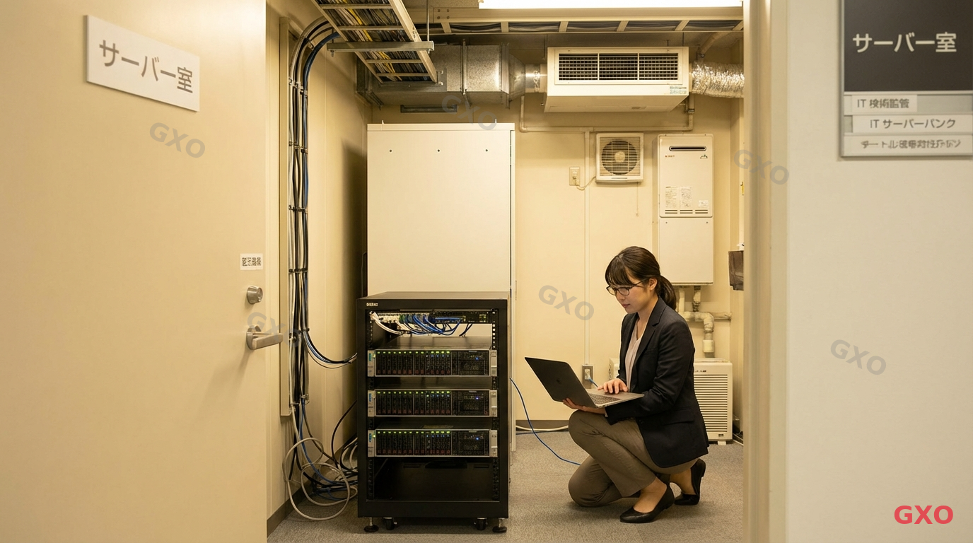 Photo-realistic image of a small-to-medium Japanese company server room with a compact 3-node HCI rack. A young female IT administrator (30s, business casual) checking the system status on a laptop. Modest but well-organized server environment with proper ventilation. Warm office lighting suggesting a practical, cost-effective setup.
