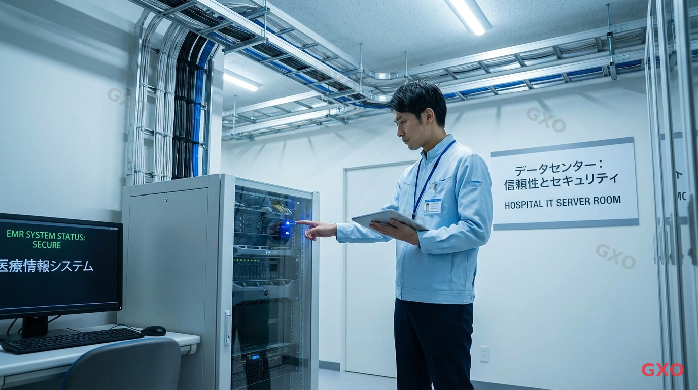 Photo-realistic image of a Japanese hospital IT server room with HCI infrastructure supporting electronic medical record systems. Clean, compact server rack with blue LED indicators. A male IT specialist (40s, wearing hospital staff uniform) performing routine maintenance check. Medical facility environment with emphasis on reliability and data security.