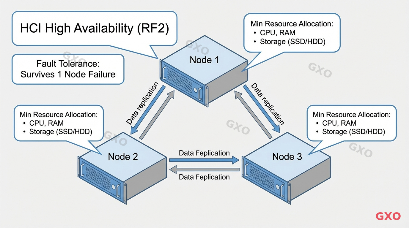 Technical diagram illustrating a 3-node HCI minimum configuration for high availability. Three server nodes connected in a cluster with data replication arrows between them. Callouts showing redundancy factor (RF2), fault tolerance mechanism, and minimum resource allocation. Clean technical drawing style with blue and gray tones.