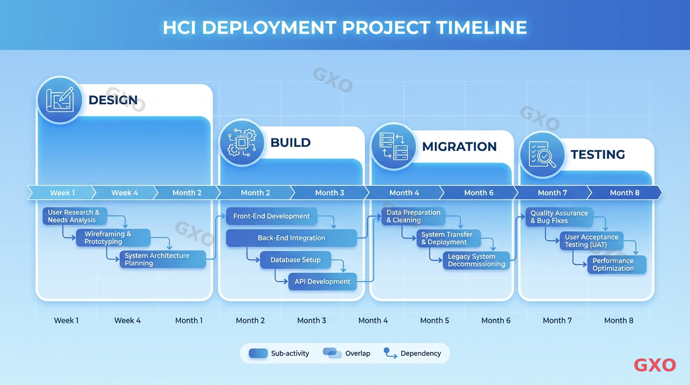 Clean modern illustration showing the phases of HCI deployment project as a horizontal timeline. Four main phases: Design, Build, Migration, and Testing. Each phase represented by an icon and time block. Gantt chart style with overlapping activities. Professional project management visual with blue gradient theme.