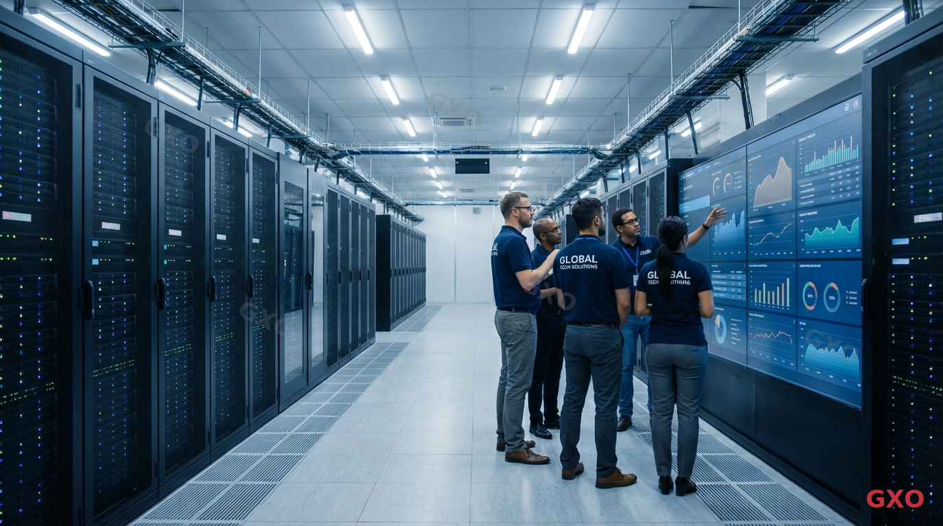 Photo-realistic image of a large enterprise data center with multiple rows of HCI racks, dozens of nodes with blinking status lights. A team of IT engineers (mixed gender, 30s-50s, wearing company polos) conducting a capacity review on a wall-mounted dashboard display. Large, well-lit facility with raised floors and advanced cooling systems. Professional, high-tech atmosphere.