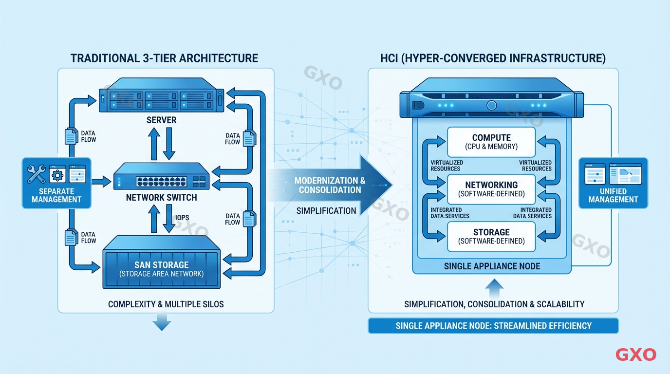 Clean modern illustration showing the architecture comparison between traditional 3-tier server infrastructure (separate server, SAN storage, network switch) and HCI (hyper-converged infrastructure) with integrated compute, storage, and networking in a single appliance node. Diagram style with blue and white color scheme, arrows showing data flow, labels in clean sans-serif font. Highlighting simplification and consolidation benefits.