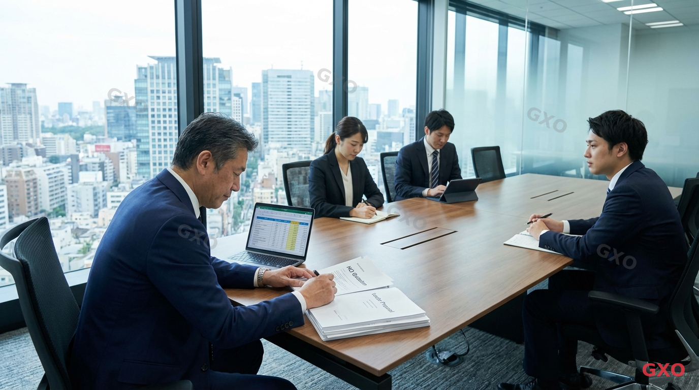 Photo-realistic image of a Japanese business meeting room where an IT director (male, 40s, navy suit) is reviewing multiple HCI vendor quotation documents spread on a conference table. Laptop showing a comparison spreadsheet. Other team members taking notes. Professional, well-lit meeting room with glass walls and city view. Atmosphere of careful evaluation and strategic decision-making.