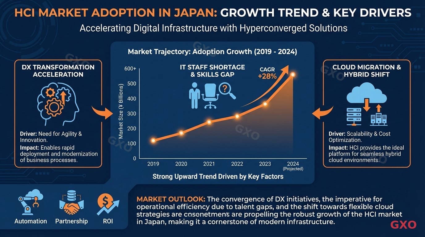Professional infographic displaying the growth trend of HCI market adoption in Japan with upward trending graph lines, icons representing DX transformation, IT staff shortage, and cloud migration. Modern flat design with navy blue and accent orange colors. Data visualization showing market trajectory and key adoption drivers.