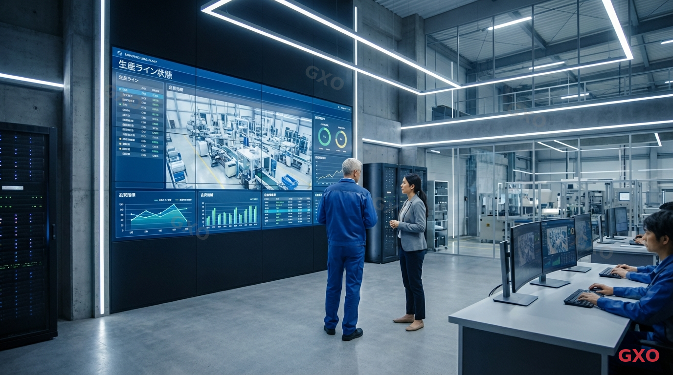 Photo-realistic image of a Japanese manufacturing plant control room with modern HCI-powered monitoring systems. Multiple screens displaying production line data, quality metrics, and equipment status. A male factory manager (50s, wearing work uniform) and a female IT coordinator (30s, business casual) reviewing system performance together. Industrial yet modern environment with digital transformation elements.