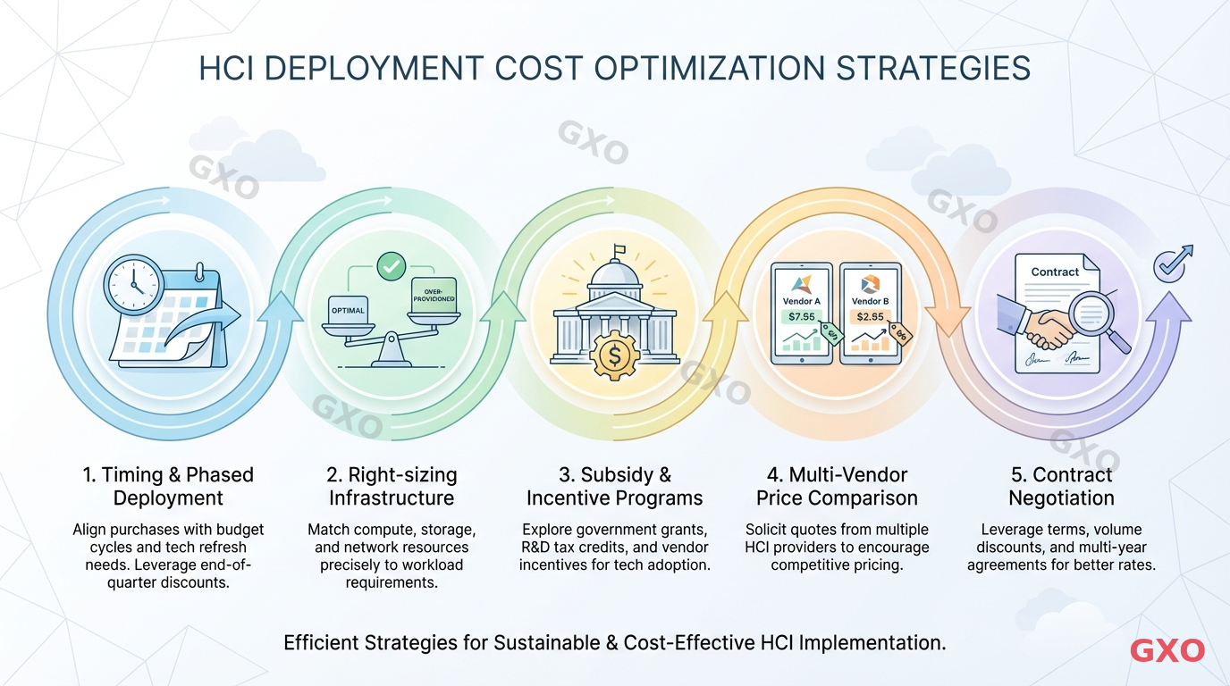 Clean modern illustration showing five cost optimization strategies for HCI deployment. Each strategy represented by a distinct icon: timing (calendar), right-sizing (scale), subsidy (government building), multi-vendor quotes (comparison), and contract negotiation (handshake). Connected by a workflow arrow. Light professional color scheme.