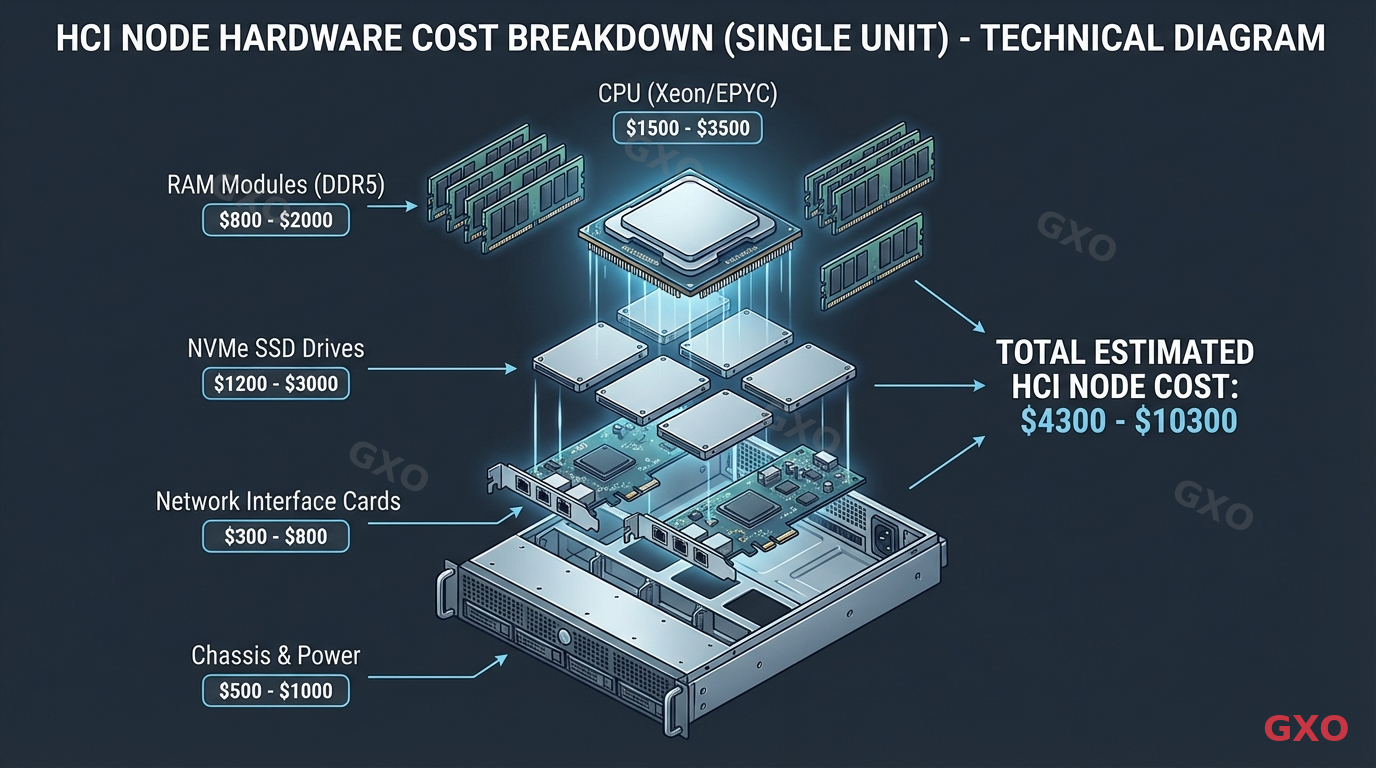 Technical diagram illustrating the hardware cost breakdown of a single HCI node. Exploded view showing CPU (Xeon/EPYC), RAM modules (DDR5), NVMe SSD drives, network interface cards, and chassis. Each component labeled with cost range indicators. Clean technical illustration style with dark background and highlighted components.