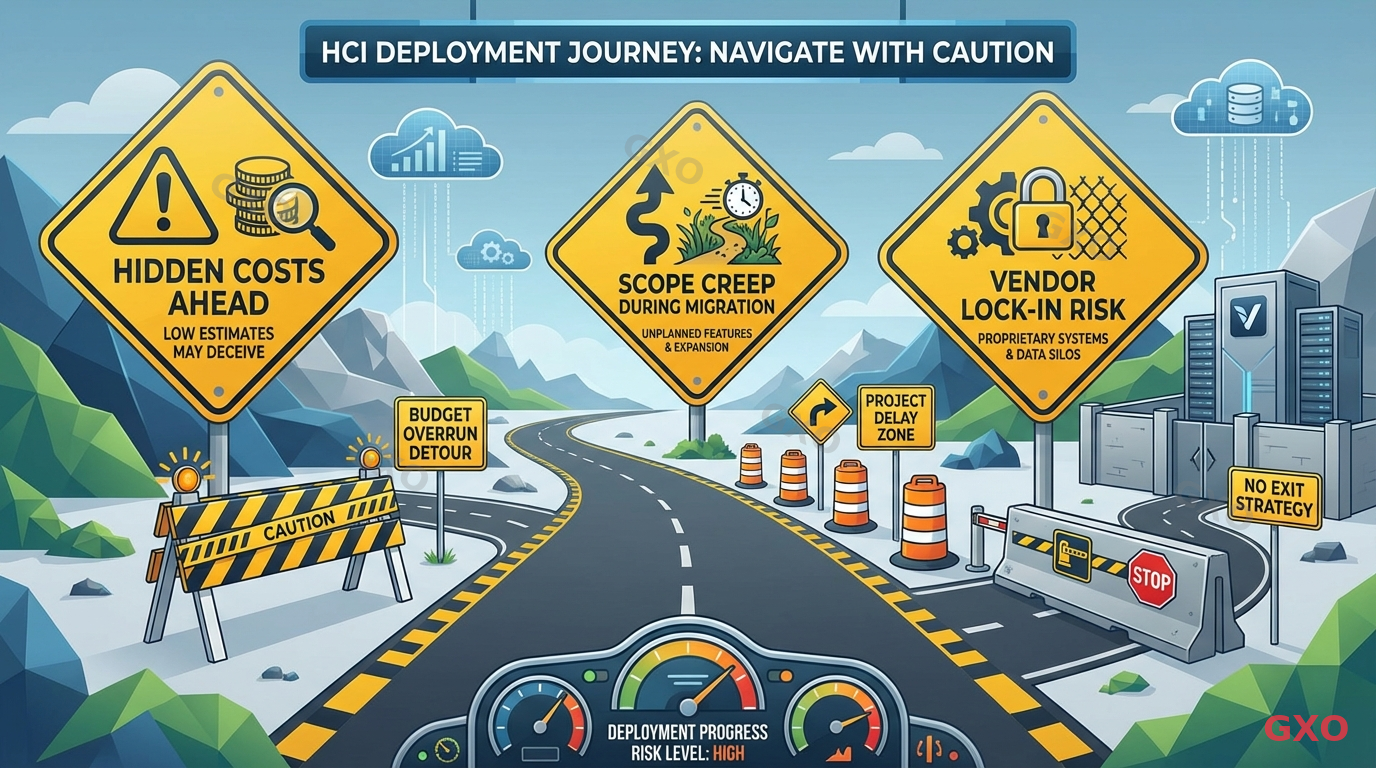 Clean modern illustration showing common HCI deployment pitfalls as warning signs along a road. Three main hazards highlighted: hidden costs in estimates, scope creep during migration, and vendor lock-in risk. Road metaphor with detour signs and safety barriers. Yellow warning colors with professional layout.
