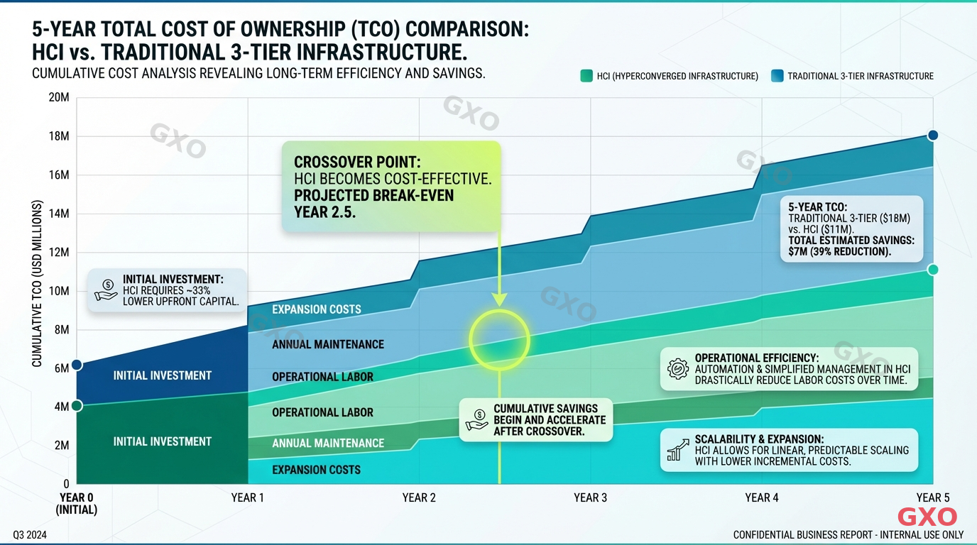 Professional infographic displaying a 5-year Total Cost of Ownership comparison between HCI and traditional 3-tier infrastructure. Stacked area chart showing cumulative costs over 5 years with initial investment, annual maintenance, operational labor, and expansion costs. Crossover point highlighted where HCI becomes more cost-effective. Business report style with clean lines and blue-green color palette.