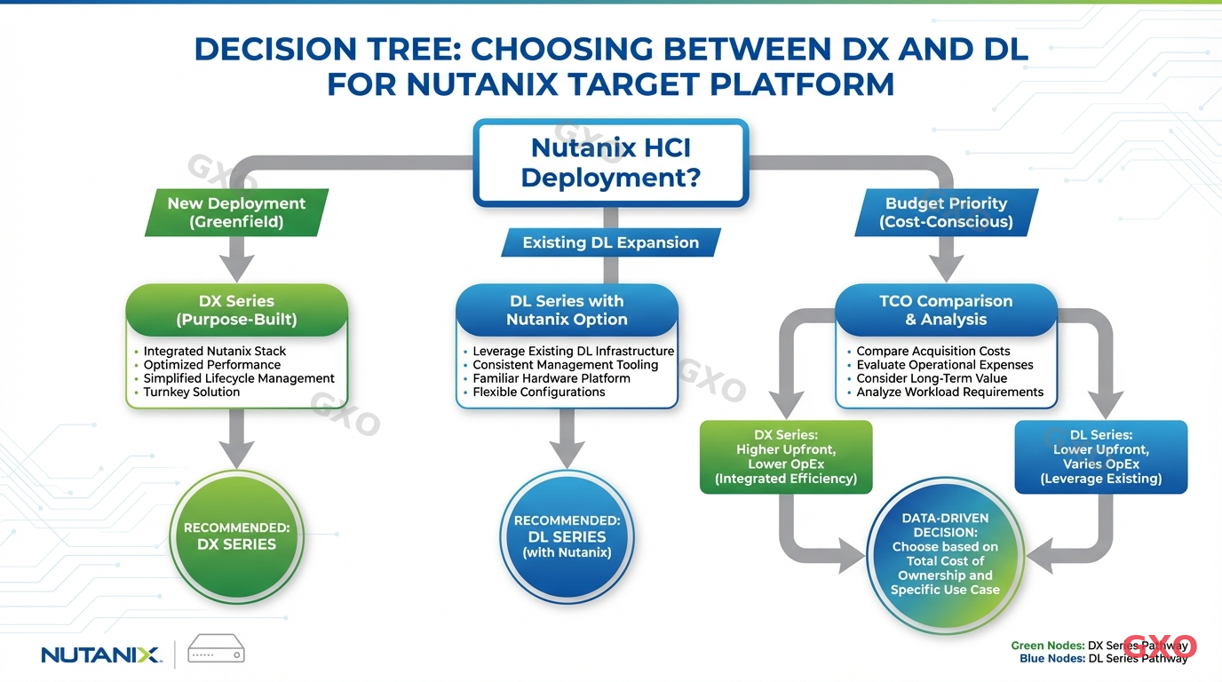 Nutanix導入時のDX・DL選定フローチャート Professional infographic showing a decision tree for choosing between DX and DL when Nutanix is the target platform. Starting node asks 'Nutanix HCI deployment?' with branches for new deployment (leading to DX recommendation), existing DL expansion (leading to DL with Nutanix option), and budget priority (leading to TCO comparison). Clean flowchart design with green and blue nodes.