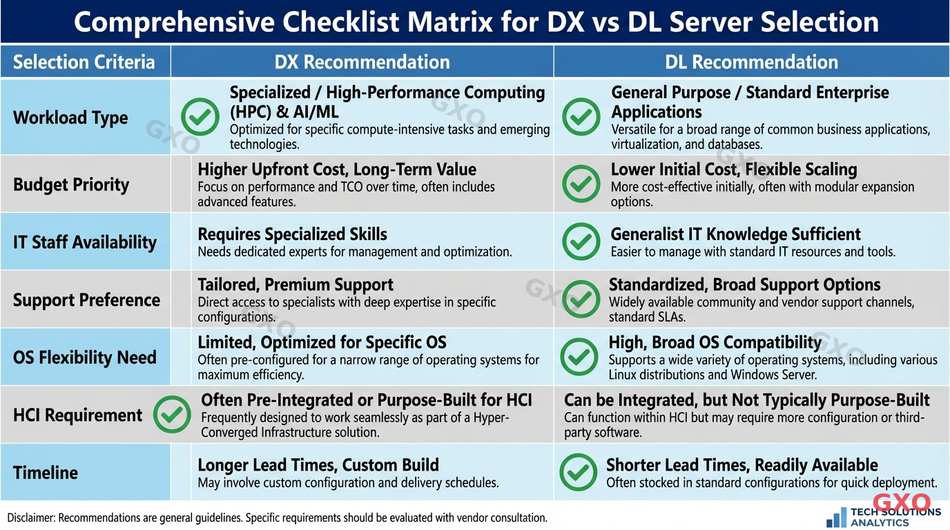 DX・DL選定チェックリスト Professional infographic showing a comprehensive checklist matrix for DX vs DL server selection. Rows include: workload type, budget priority, IT staff availability, support preference, OS flexibility need, HCI requirement, and timeline. Columns show DX recommendation and DL recommendation with checkmarks. Clean table design with alternating row colors, professional business quality.