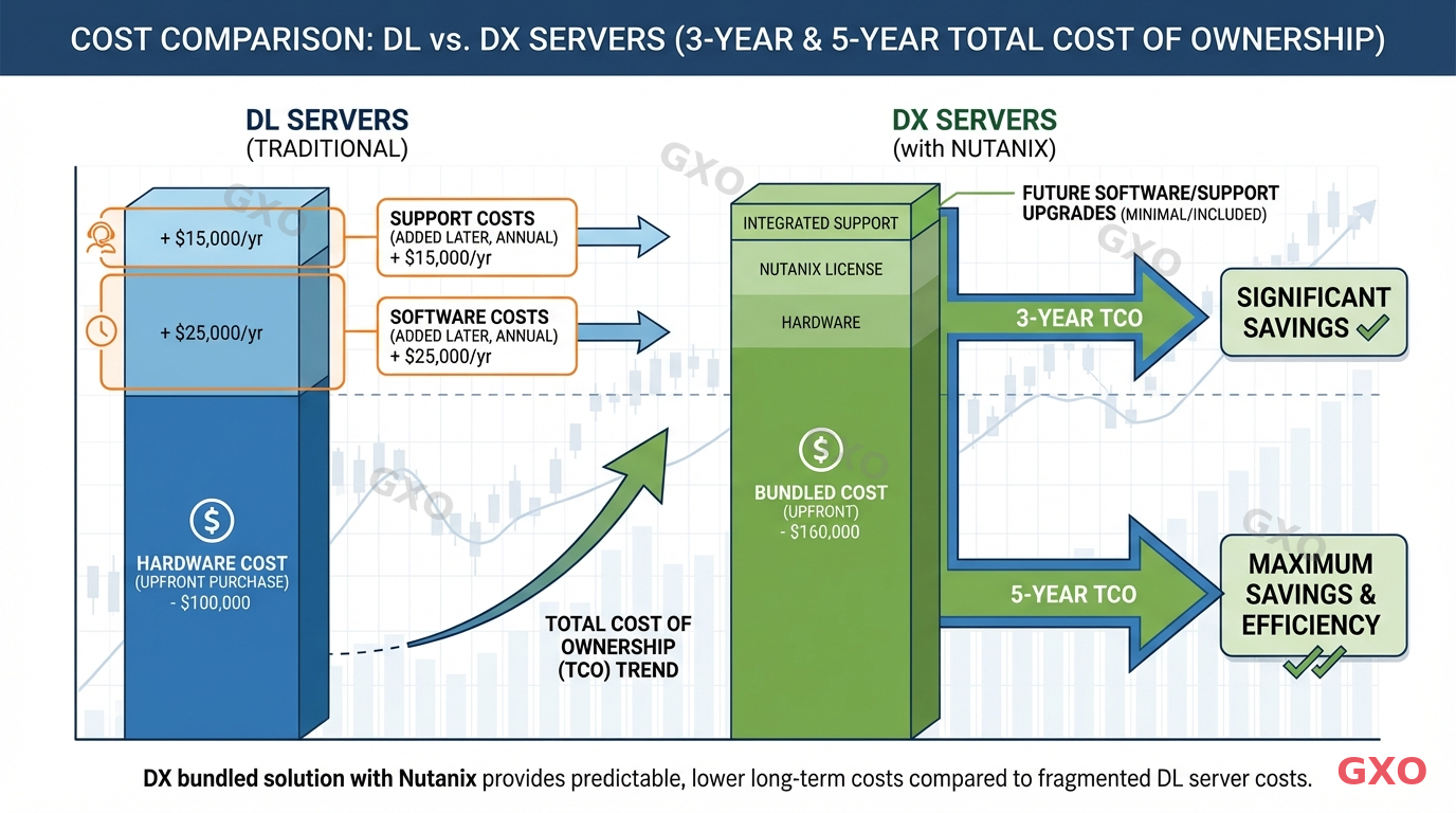 DXとDLの導入・運用コスト比較 Clean modern illustration of cost comparison between DX and DL servers. Two cost stack bar charts side by side. DL shows hardware cost only at purchase, with separate software and support costs added later. DX shows bundled cost including hardware, Nutanix license, and integrated support. Total cost of ownership arrows pointing to 3-year and 5-year marks. Green and blue color scheme, financial report style.