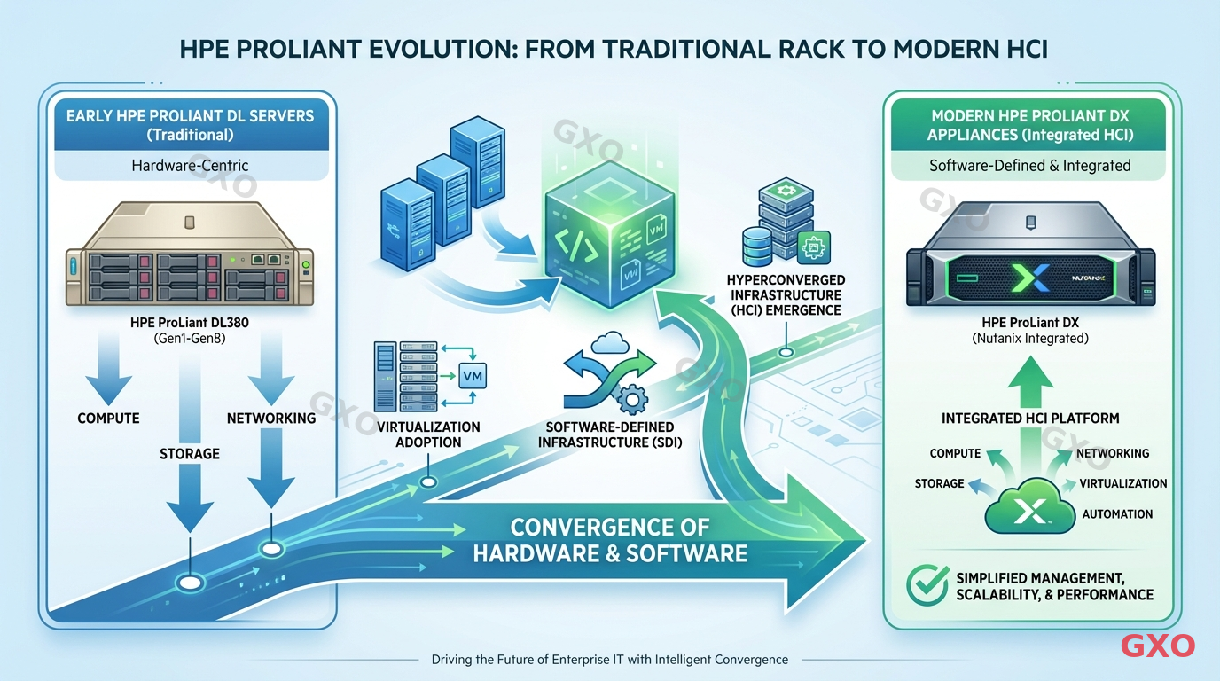 HPE ProLiantシリーズの誕生と進化 Clean modern illustration showing a timeline of HPE ProLiant server evolution, from early rack servers to modern HCI appliances. Left side shows traditional DL server icon, right side shows DX with Nutanix logo integration. Arrows indicating convergence of hardware and software. Blue and green color scheme, professional business presentation style.